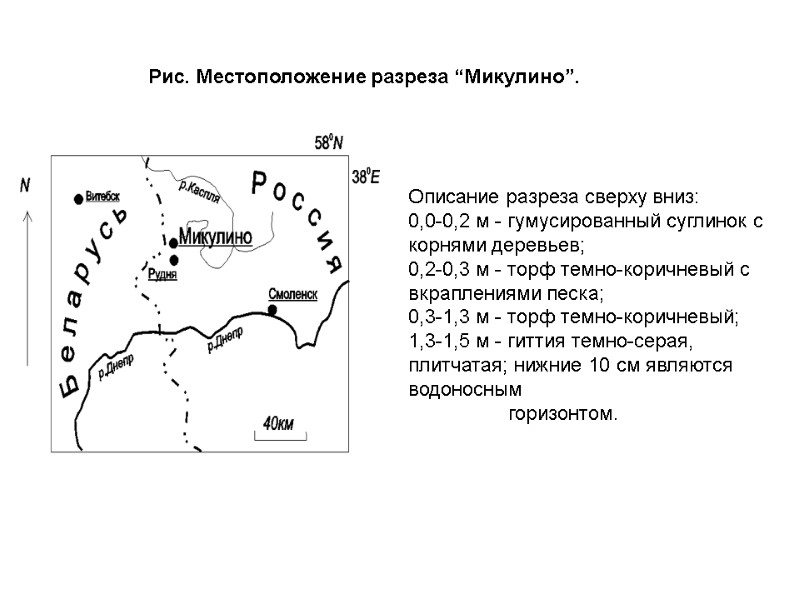 Описание разреза сверху вниз:  0,0-0,2 м - гумусированный суглинок с корнями деревьев; 